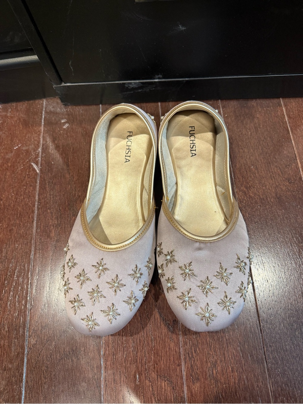 Fuchsia Women's Embroidered Ballet Flats in Light Pink with Gold Accents